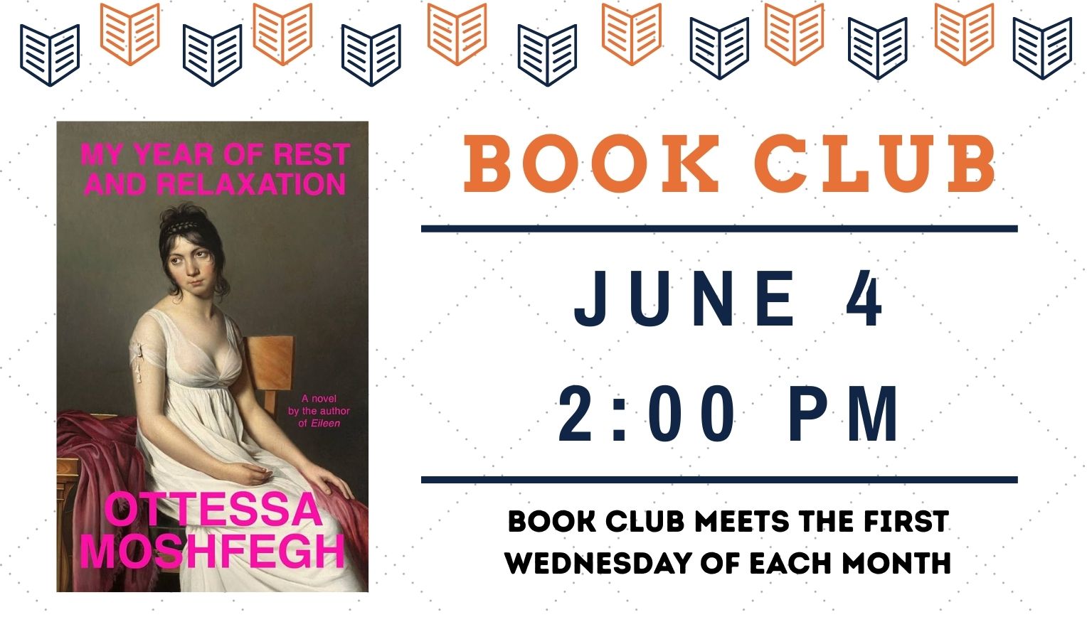Register for book club June 4 at 2:00 pm
