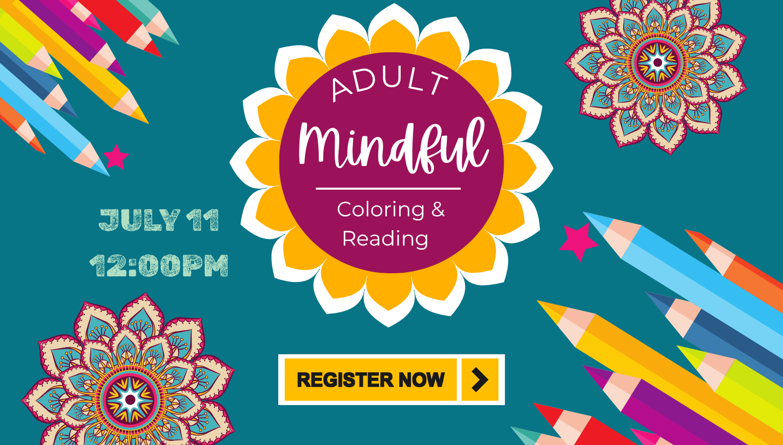 Mindful and relaxing reading and coloring session, July 11, 2025 at 12:00pm