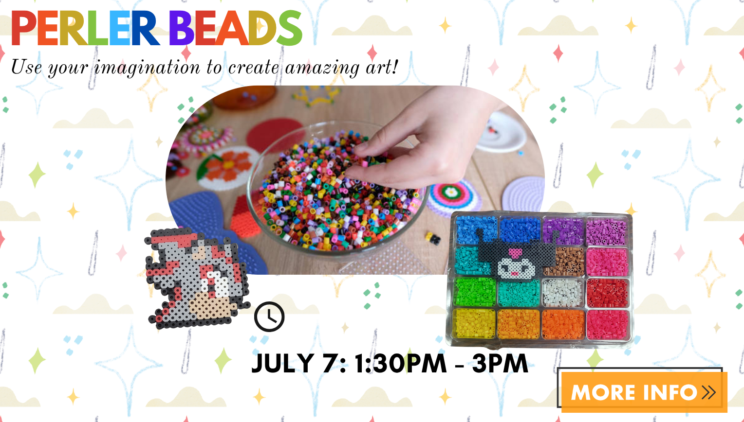 Design your own original Perler bead design or use one of the designs that will be provided for your selection! July 7 at 1:30pm