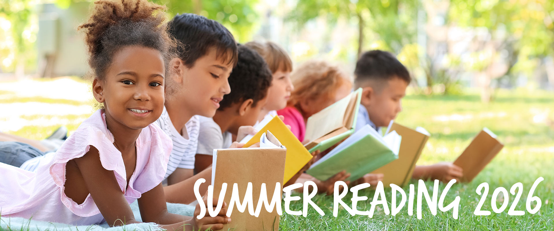 Hillside Library Summer Reading 2026 - Children Reading Outside